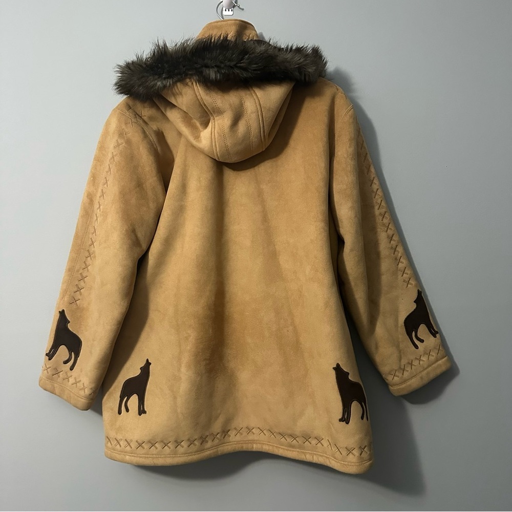Coldwater Creek Wolf Faux Suede Coat Tan Fur Hooded Jacket Small Western Chic - Picture 3 of 11